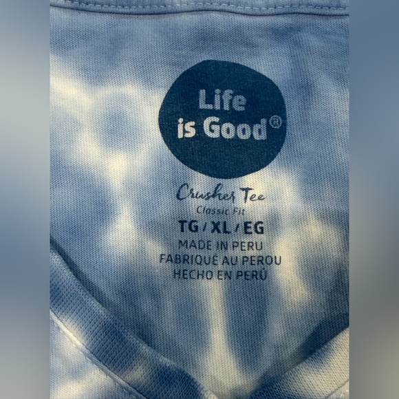 Life Is Good Blue Tie-Dye V-Neck Tee with Sunset Palm Graphic - Picture 3 of 4